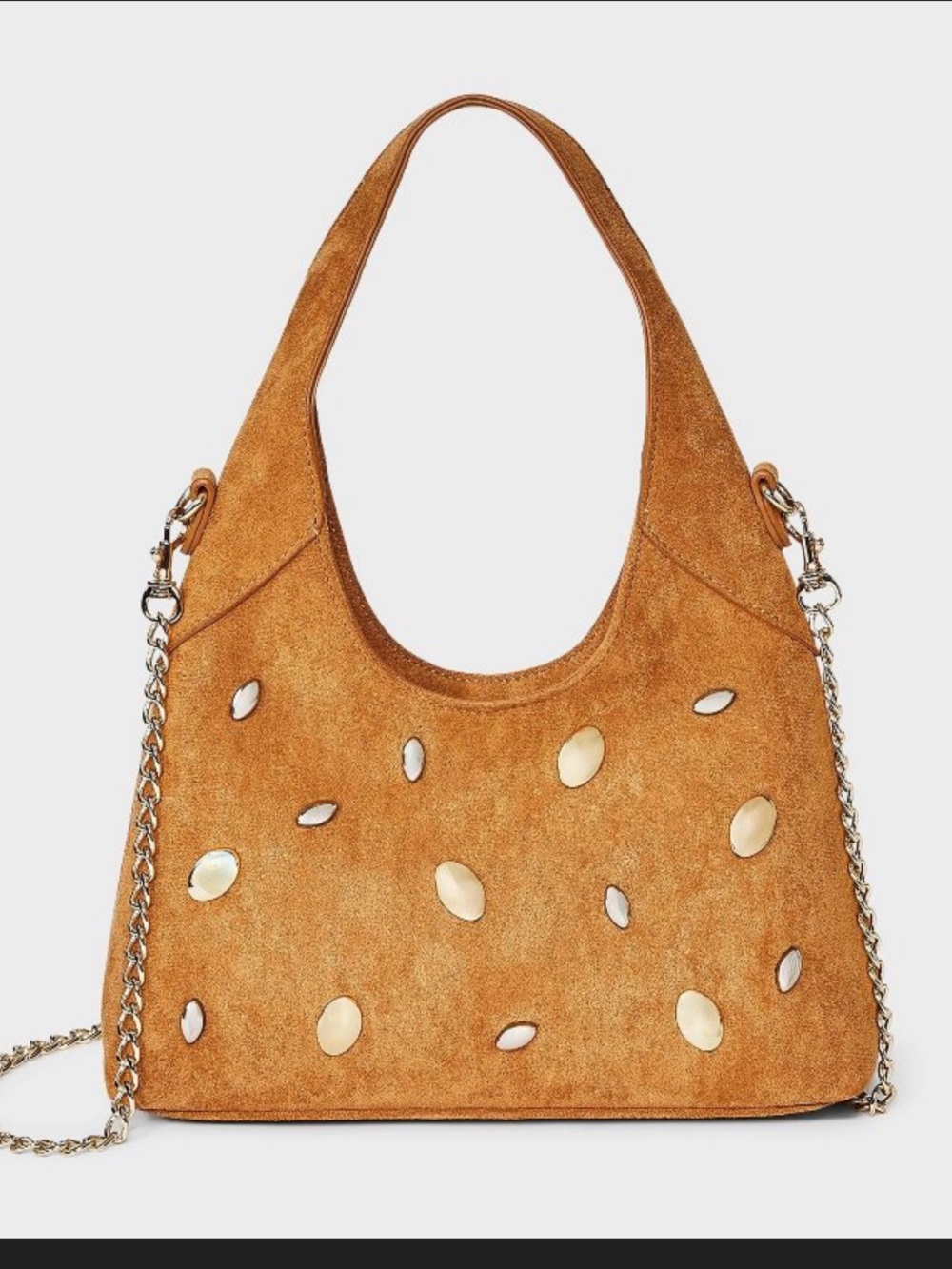 Faux Suede Hobo Shoulder Bag with Gold Studded Accents - Tan